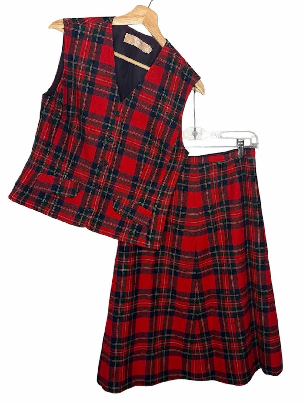 Vintage Pendleton Red Plaid Wool Skirt Set (Vest & Skirt)